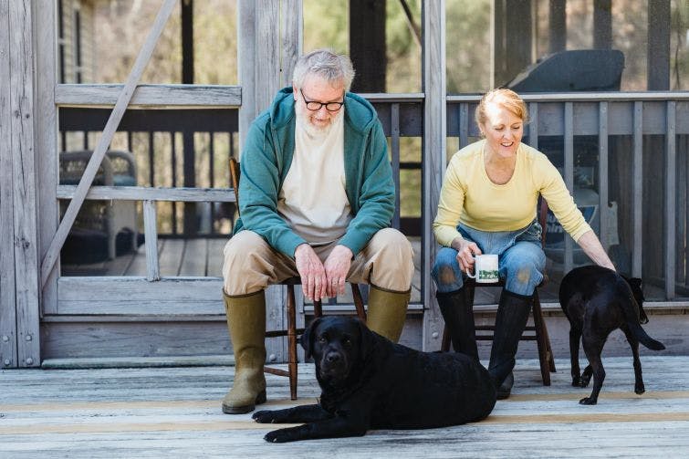 a man and a woman sitting on a porch with a dog